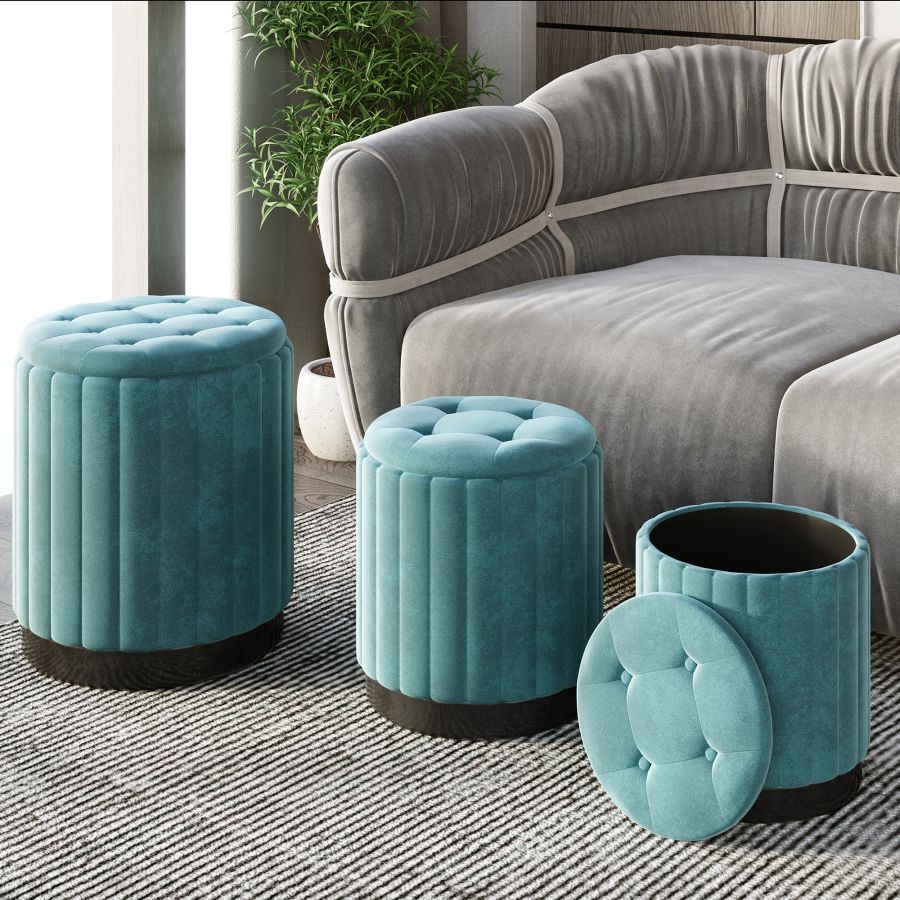 Tobi 3pc Storage Ottoman Set - Teal and Black