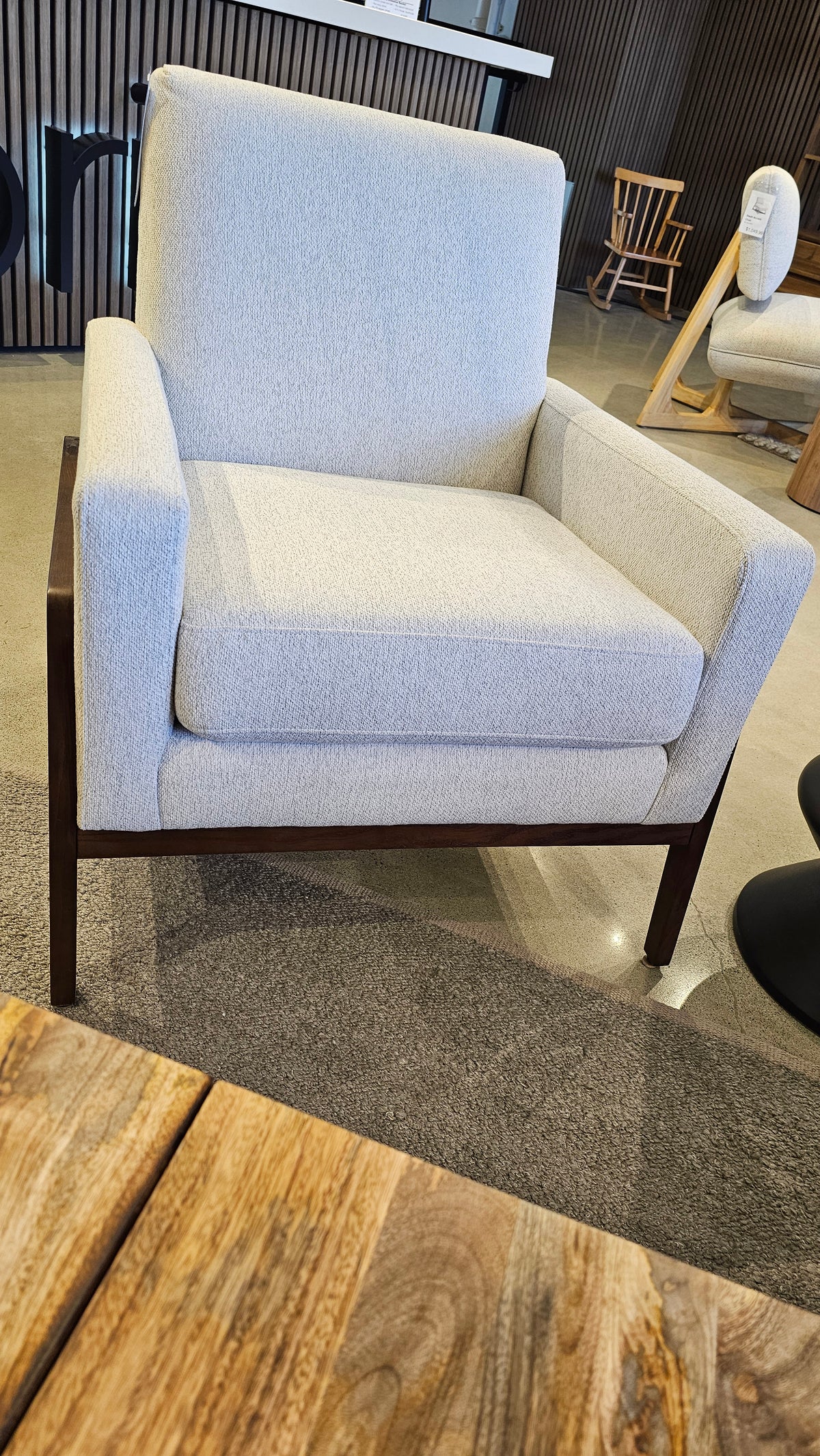 Accent Chair – Palladium Cream Fabric with Espresso Wooden Base (Floor Model)