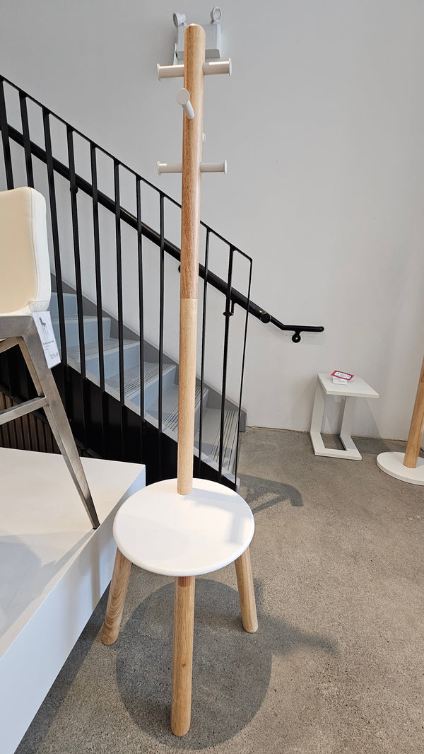 Coat Rack with Stool – White & Natural, 2-in-1 Space-Saving Design (Floor Model)