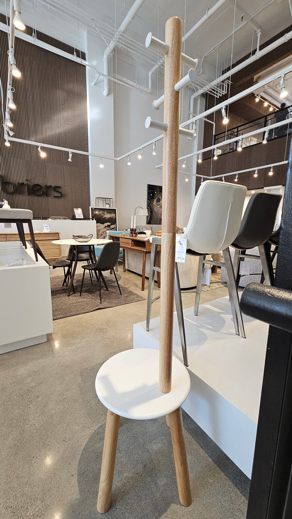 Coat Rack with Stool – White & Natural, 2-in-1 Space-Saving Design (Floor Model)