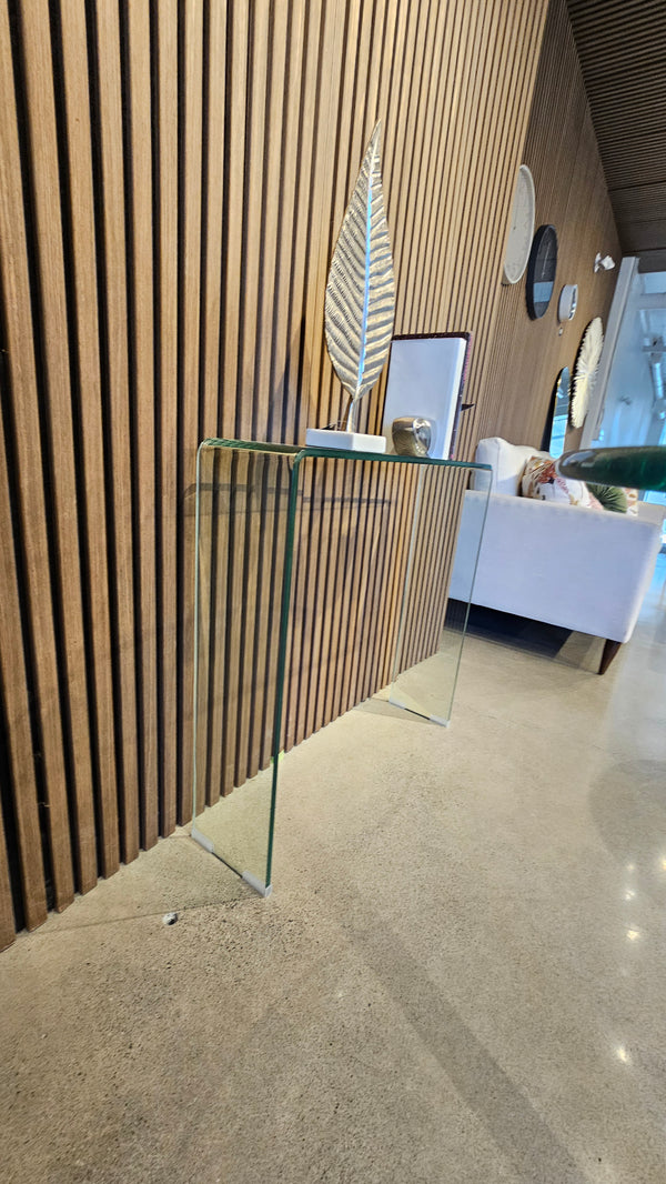 Curvo Narrow Glass Console Table – Waterfall Design (Floor Model)