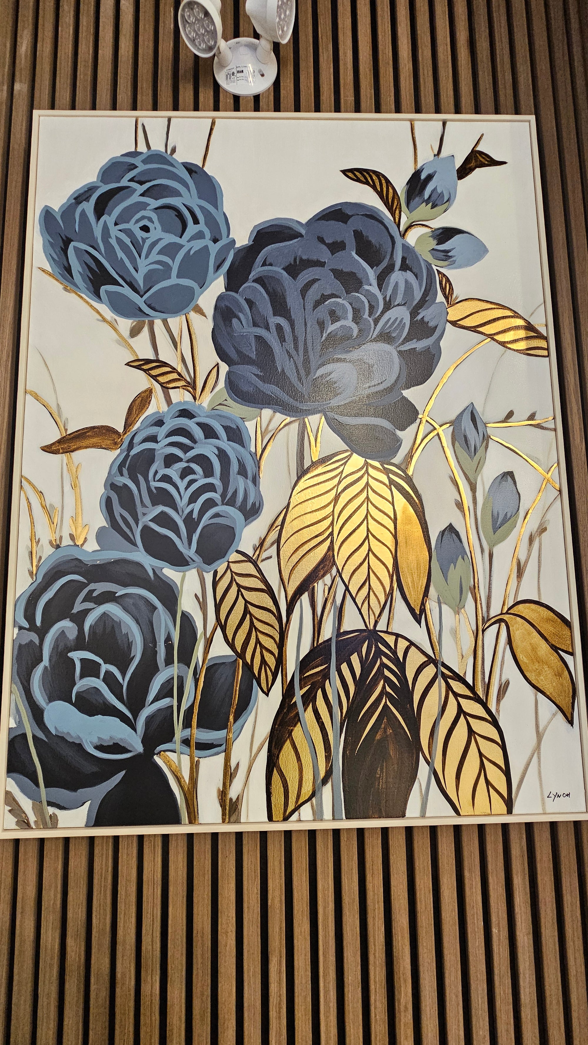 Mireena Hand-Painted Floral Art Canvas – Gold & Blue, Framed (Floor Model)