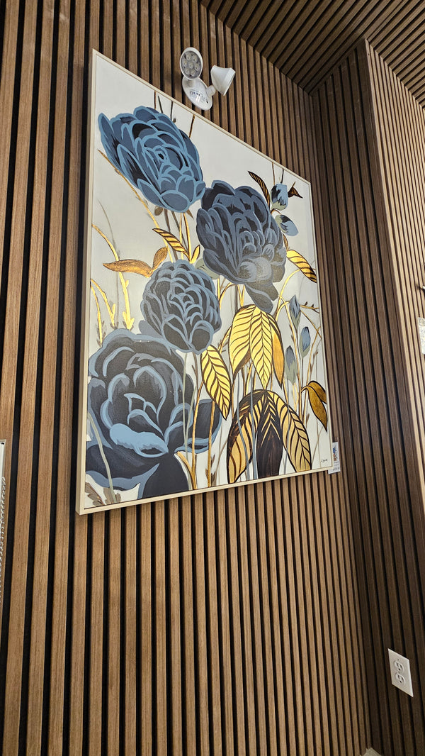 Mireena Hand-Painted Floral Art Canvas – Gold & Blue, Framed (Floor Model)