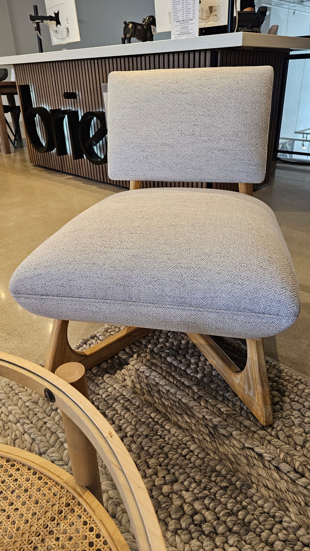 Modern Accent Chair – Majestic Pearl Fabric & Rustic Oak Base (Floor Model)