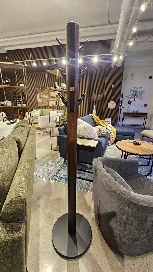 Modern Black/Walnut Wooden Standing Coat Rack with Flip-Down Hooks (Floor Model)