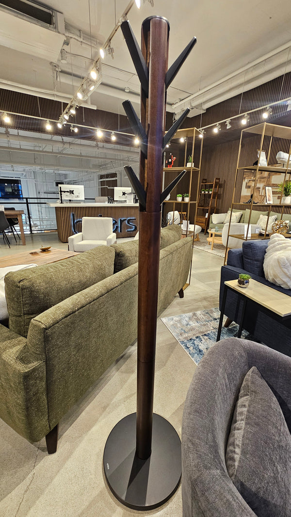 Modern Black/Walnut Wooden Standing Coat Rack with Flip-Down Hooks (Floor Model)