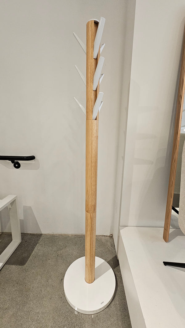Modern White/Natural Wooden Standing Coat Rack with Flip-Down Hooks (Floor Model)