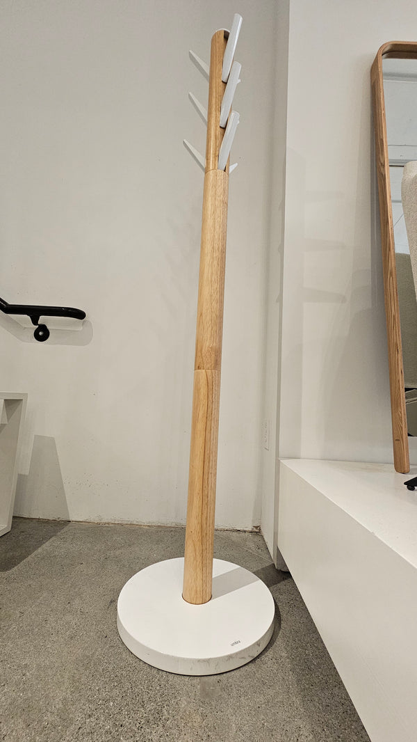 Modern White/Natural Wooden Standing Coat Rack with Flip-Down Hooks (Floor Model)