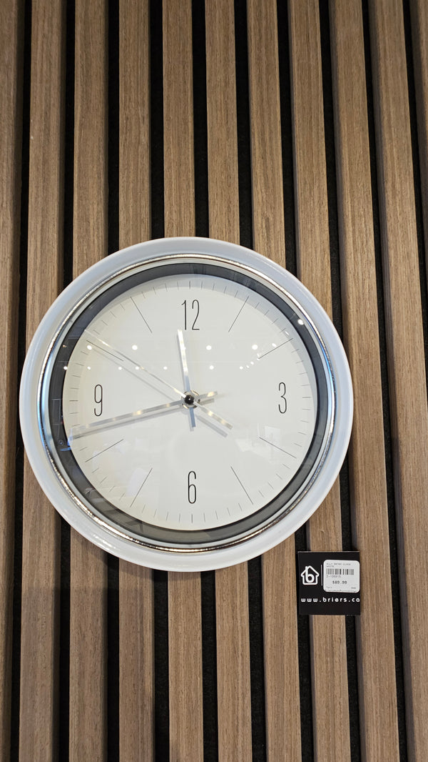 Retro Style White Metal Wall Clock – 9” Diameter (Floor Model)