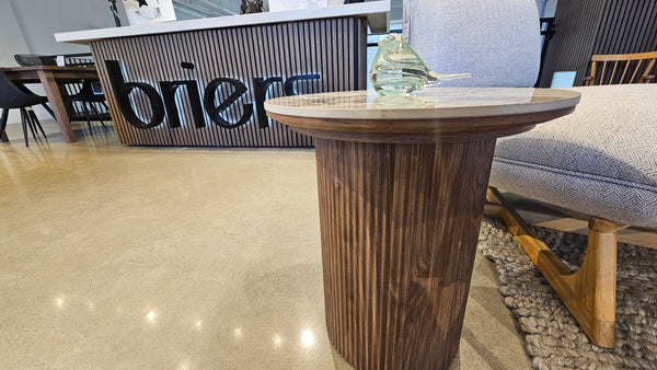 Roman Side Table – Calacatta Gold Ceramic Top with Light Walnut Base (Floor Model)