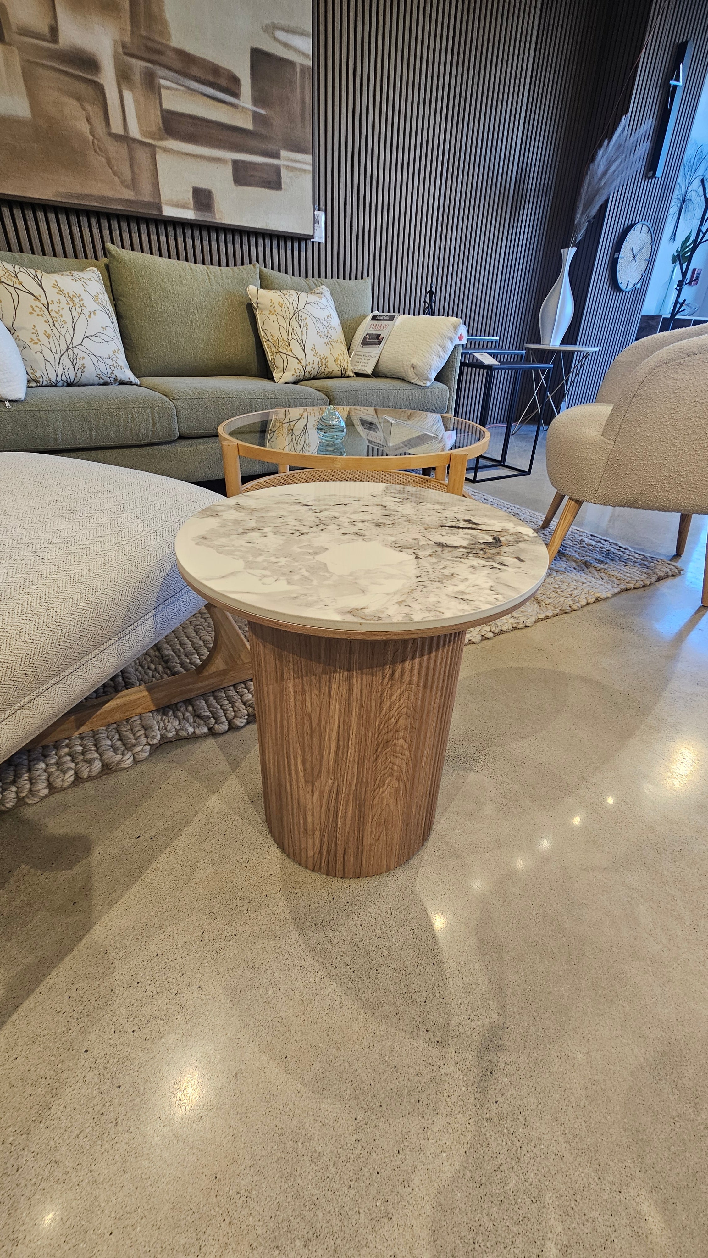 Roman Side Table – Calacatta Gold Ceramic Top with Light Walnut Base (Floor Model)