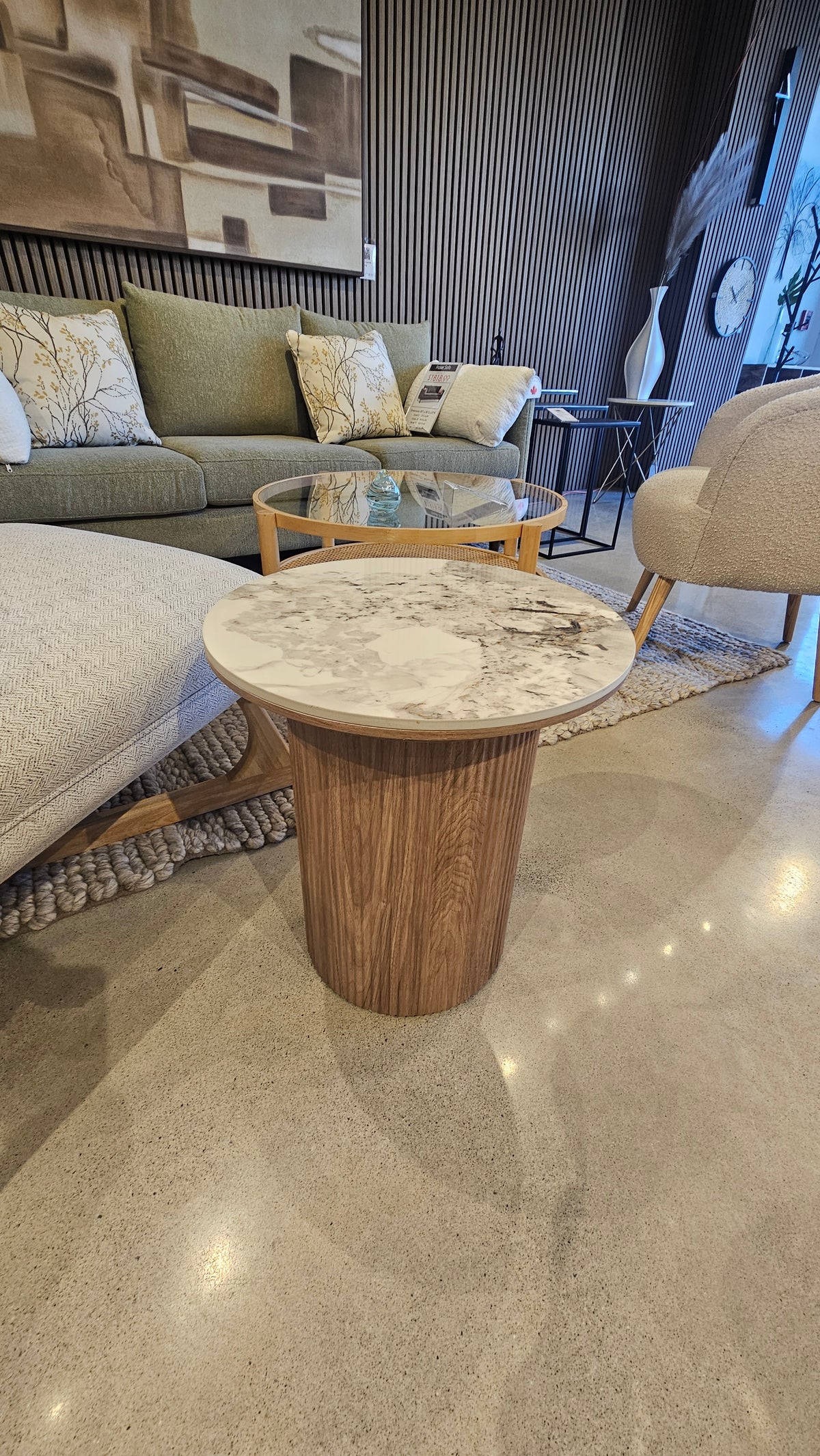 Roman Side Table – Calacatta Gold Ceramic Top with Light Walnut Base (Floor Model)