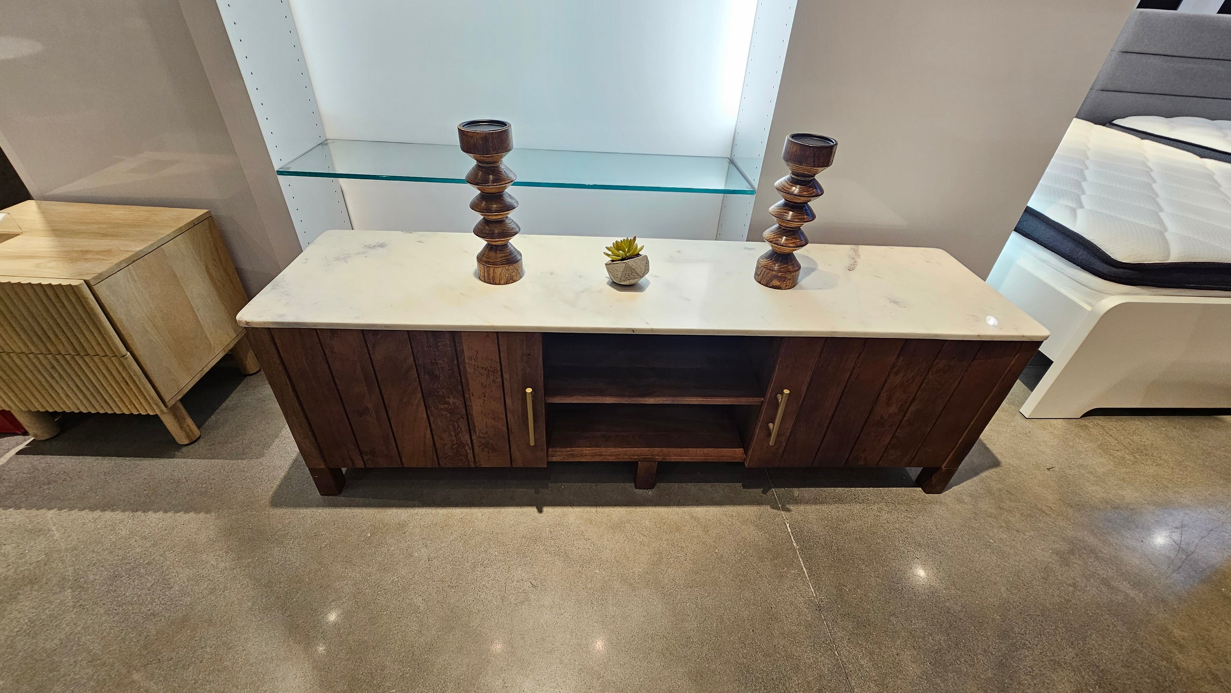 Solid Mango Wood Media Cabinet – White Marble Top (Floor Model)