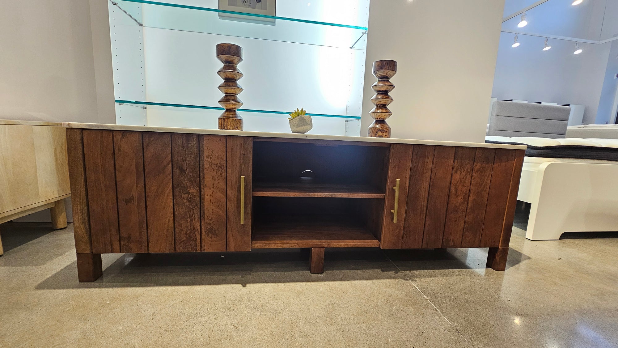 Solid Mango Wood Media Cabinet – White Marble Top (Floor Model)