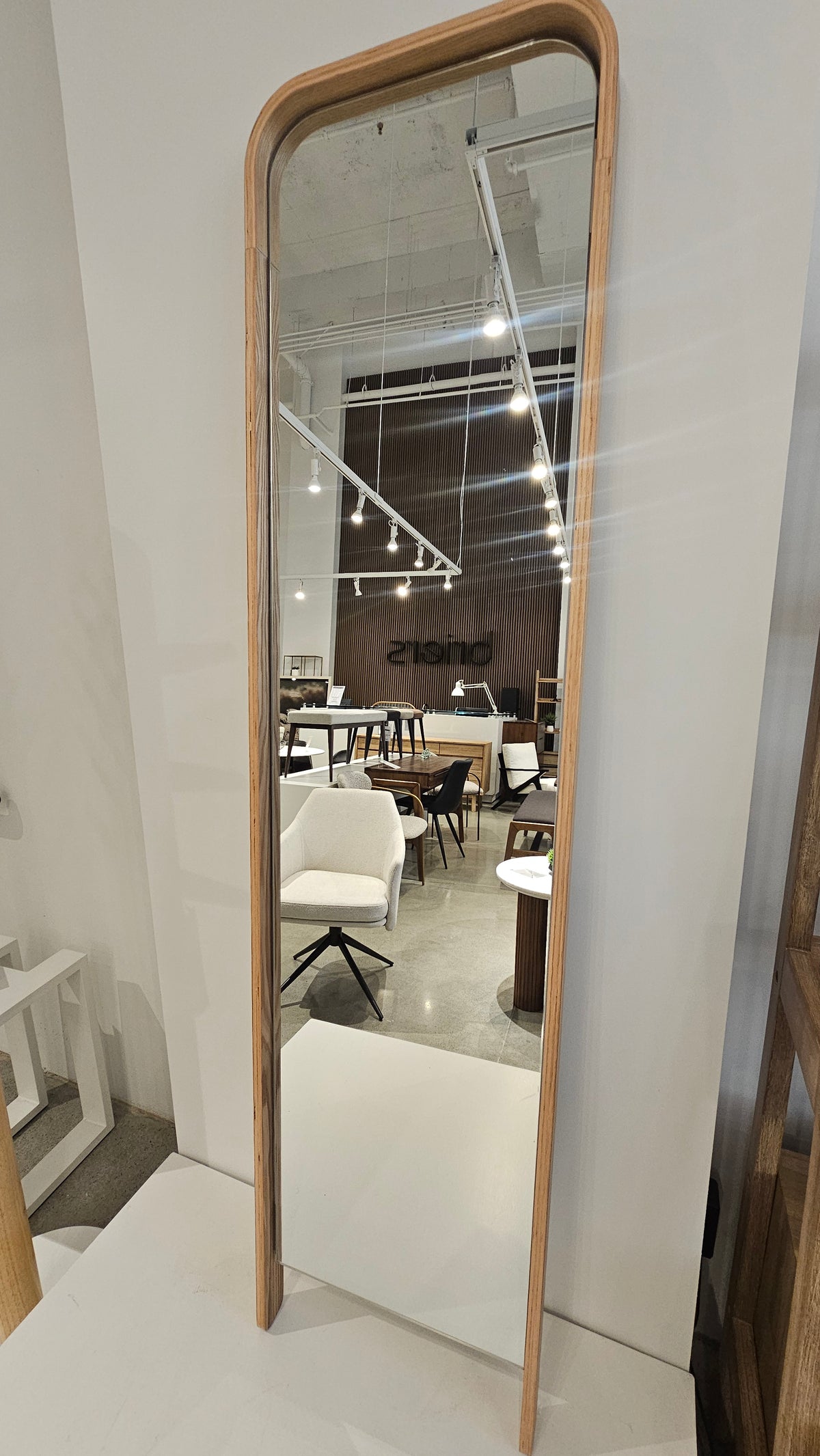 Wood Leaning Floor Mirror | Curved Sustainable Wood Frame (Floor Model)