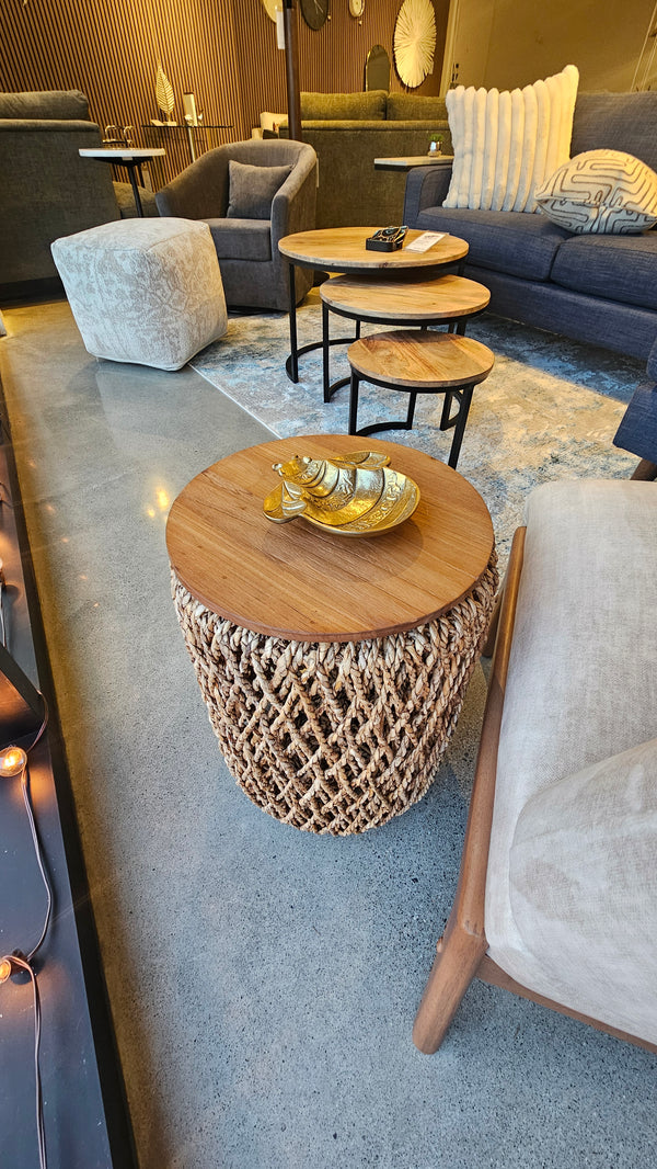 D-Bodhi Knut Side Table / Storage Basket | Reclaimed Teak & Abaca (Floor Model)