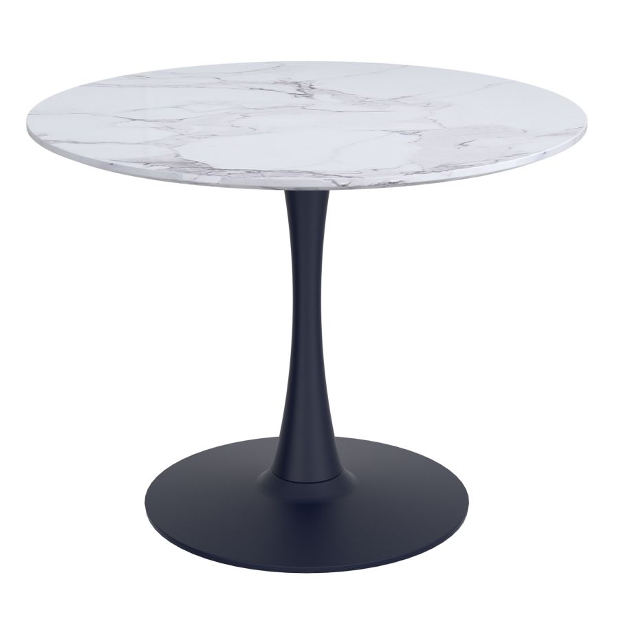 Acer 40" Round Dining Table in White Faux Marble and Black
