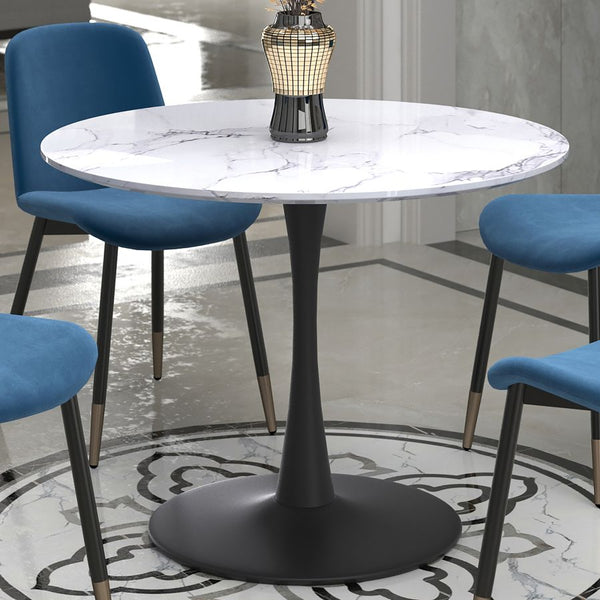 Acer 40" Round Dining Table in White Faux Marble and Black