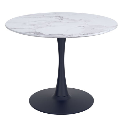Acer 40" Round Dining Table in White Faux Marble and Black