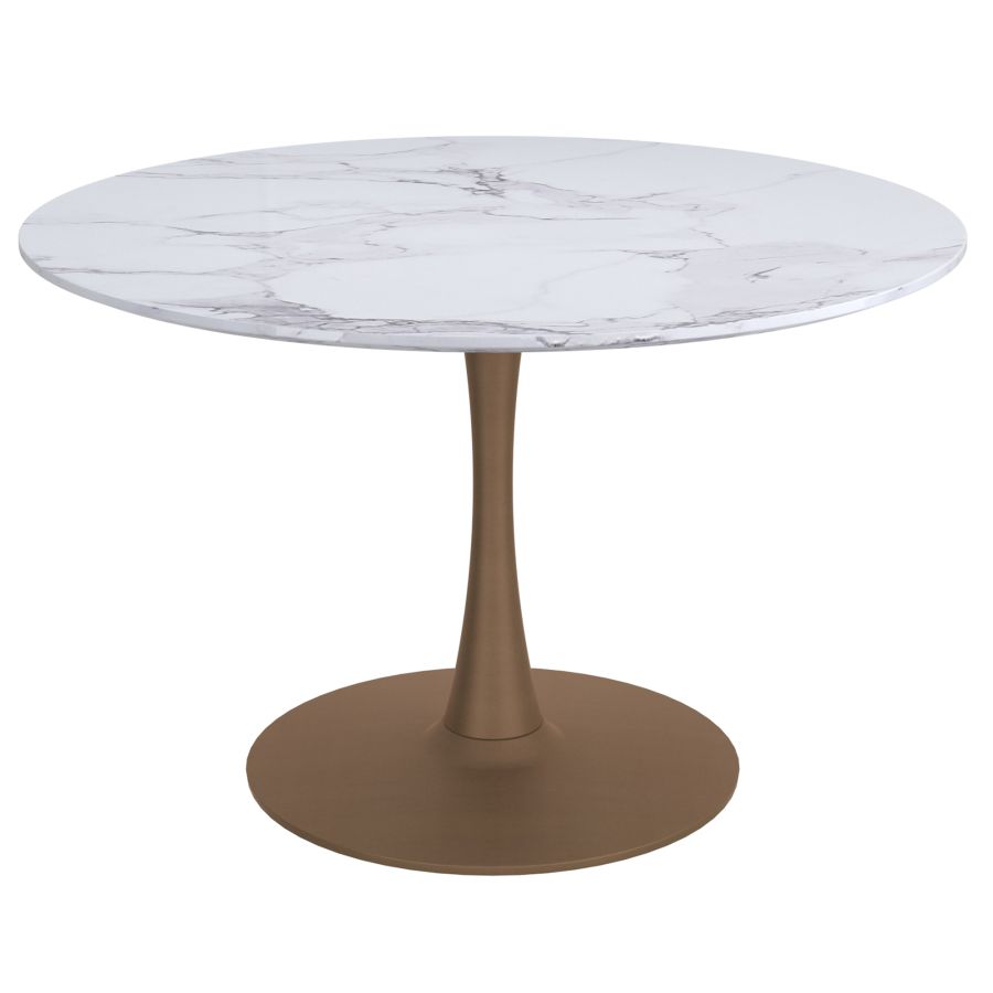 Acer 48" Round Dining Table in White Faux Marble and Aged Gold
