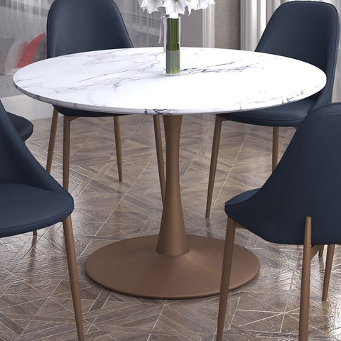 Acer 48" Round Dining Table in White Faux Marble and Aged Gold