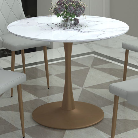 Acer 40" Round Dining Table in White Faux Marble and Aged Gold