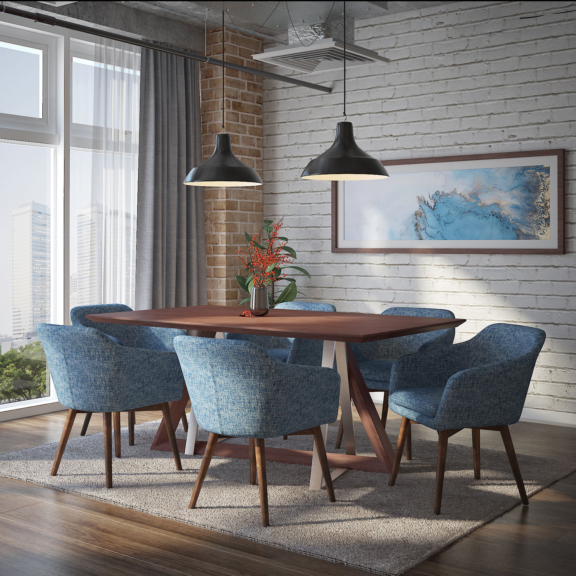 Drake/Marvel 7pc Dining Set, Walnut/Blue