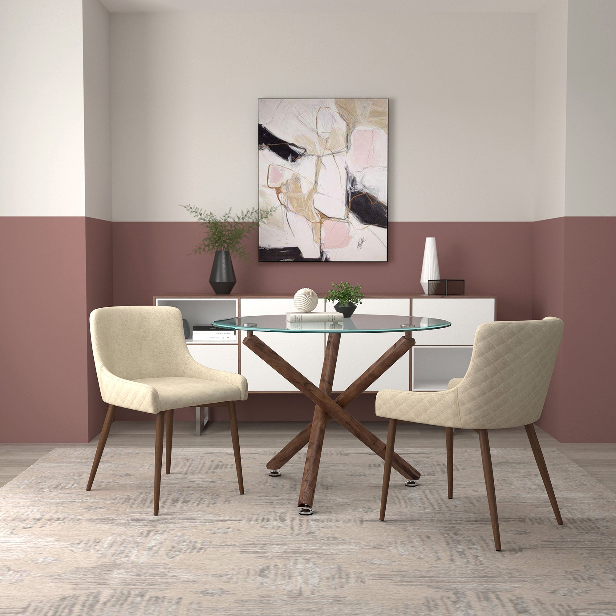 Kobe/Bianca 3pc Dining Set, Walnut/Walnut & Beige