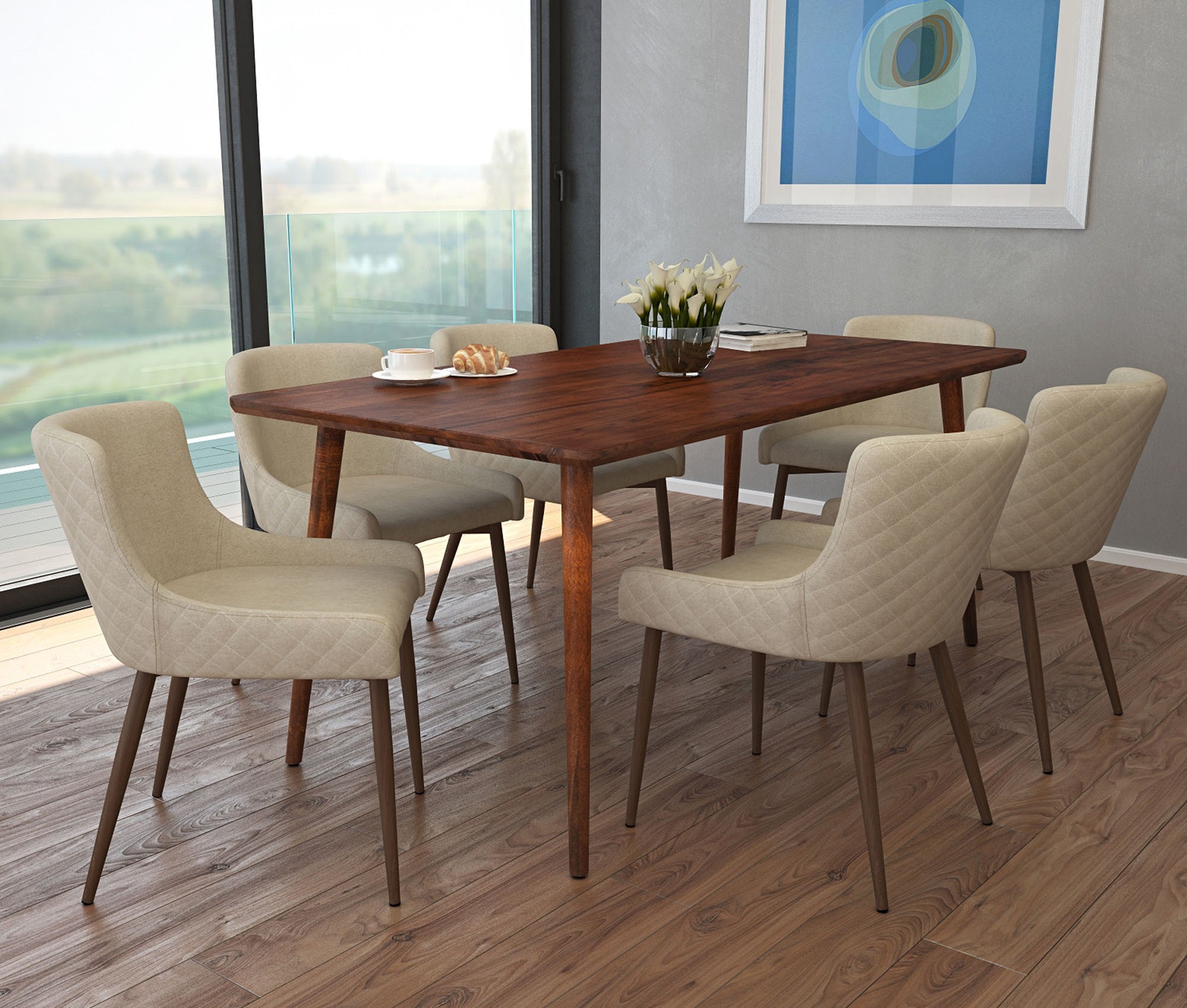 Arnav/Bianca 7pc Dining Set, Walnut/Walnut & Beige