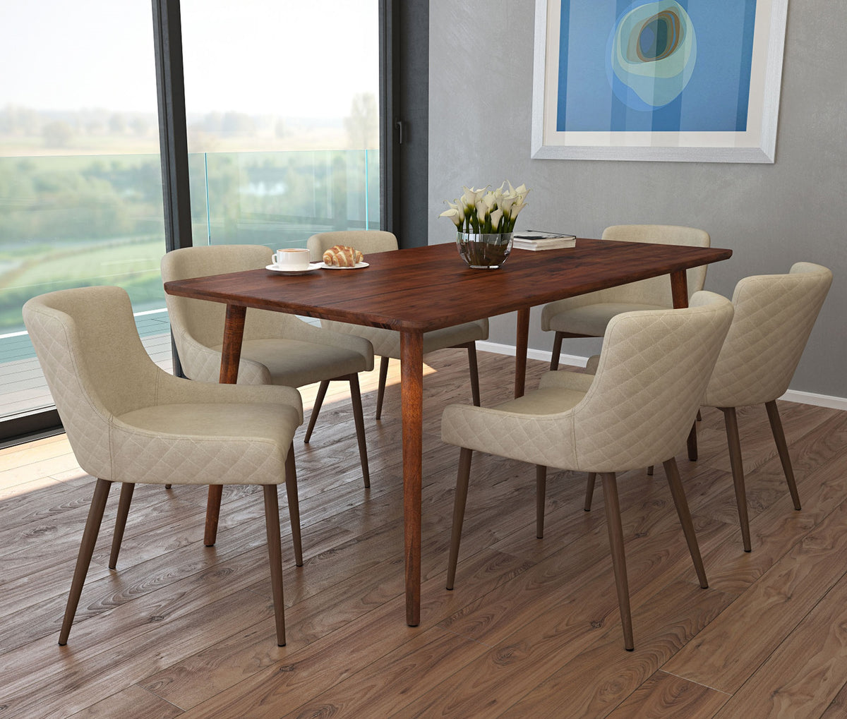 Arnav/Bianca 7pc Dining Set, Walnut/Walnut & Beige