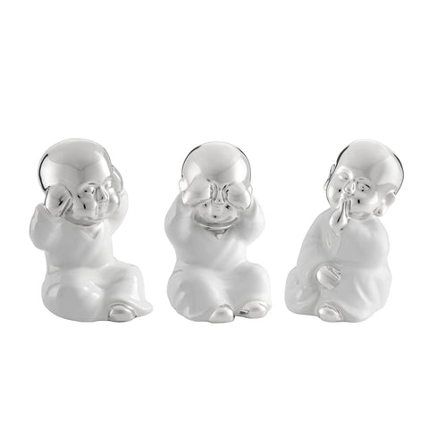 See Hear Speak No Evil 3 Piece Ceramic Wise Buddha Babies Set - Silver