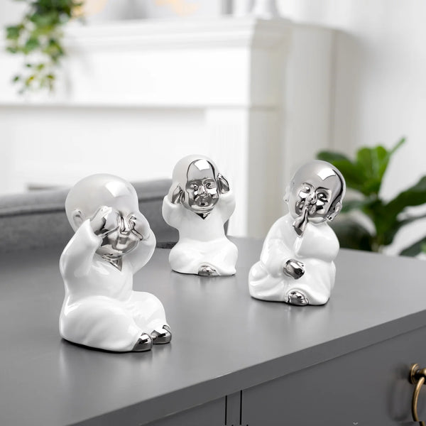 See Hear Speak No Evil 3 Piece Ceramic Wise Buddha Babies Set - Silver