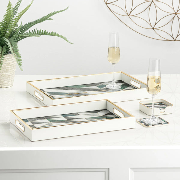 Savoy Gold Trim 2 Piece Rectangle Tray Set - Geometric Marble