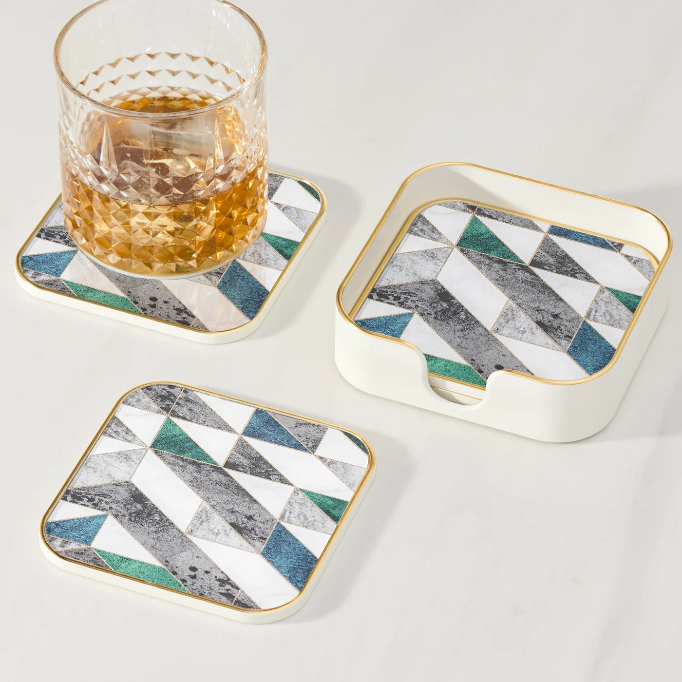 Savoy Gold Trim 4 Piece Square Coaster Set - Geometric Marble