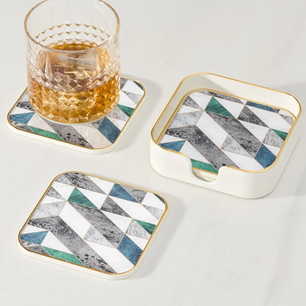 Savoy Gold Trim 4 Piece Square Coaster Set - Geometric Marble