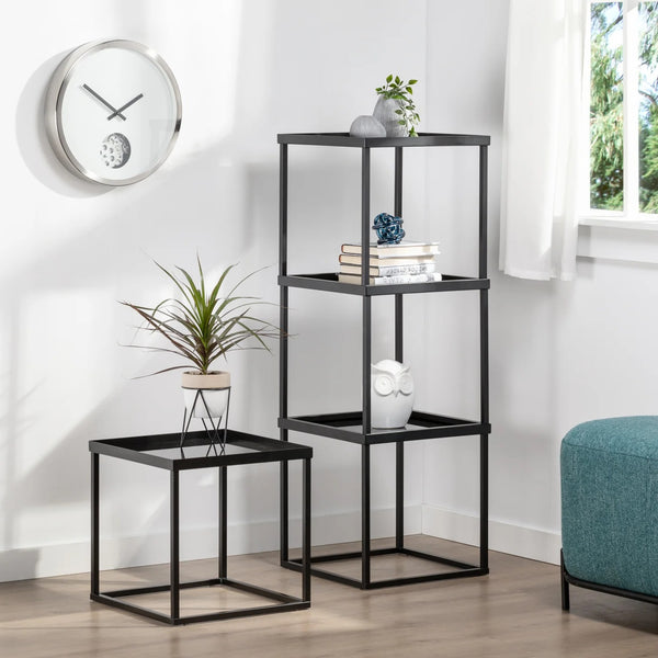 Cube Frame Glass Top 16 x 16" Stacking Table - Black