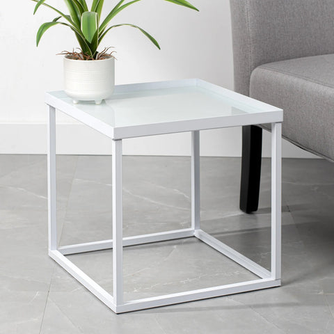 Cube Frame Glass Top 16 x 16" Stacking Table - White