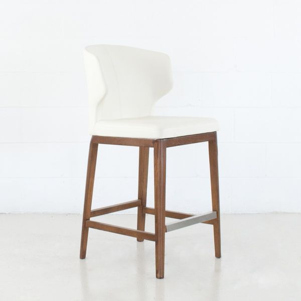 Bow Leather Counter Stool - White with Wooden Base